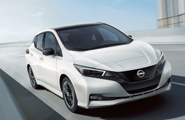 Front-quarter view of the 2024 Nissan LEAF White